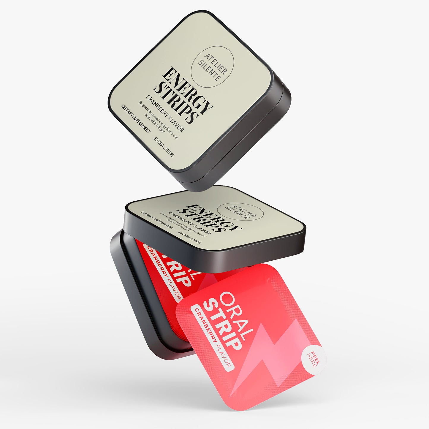 Energy Strips product packaging displayed with colorful tins featuring clean focus ingredients.