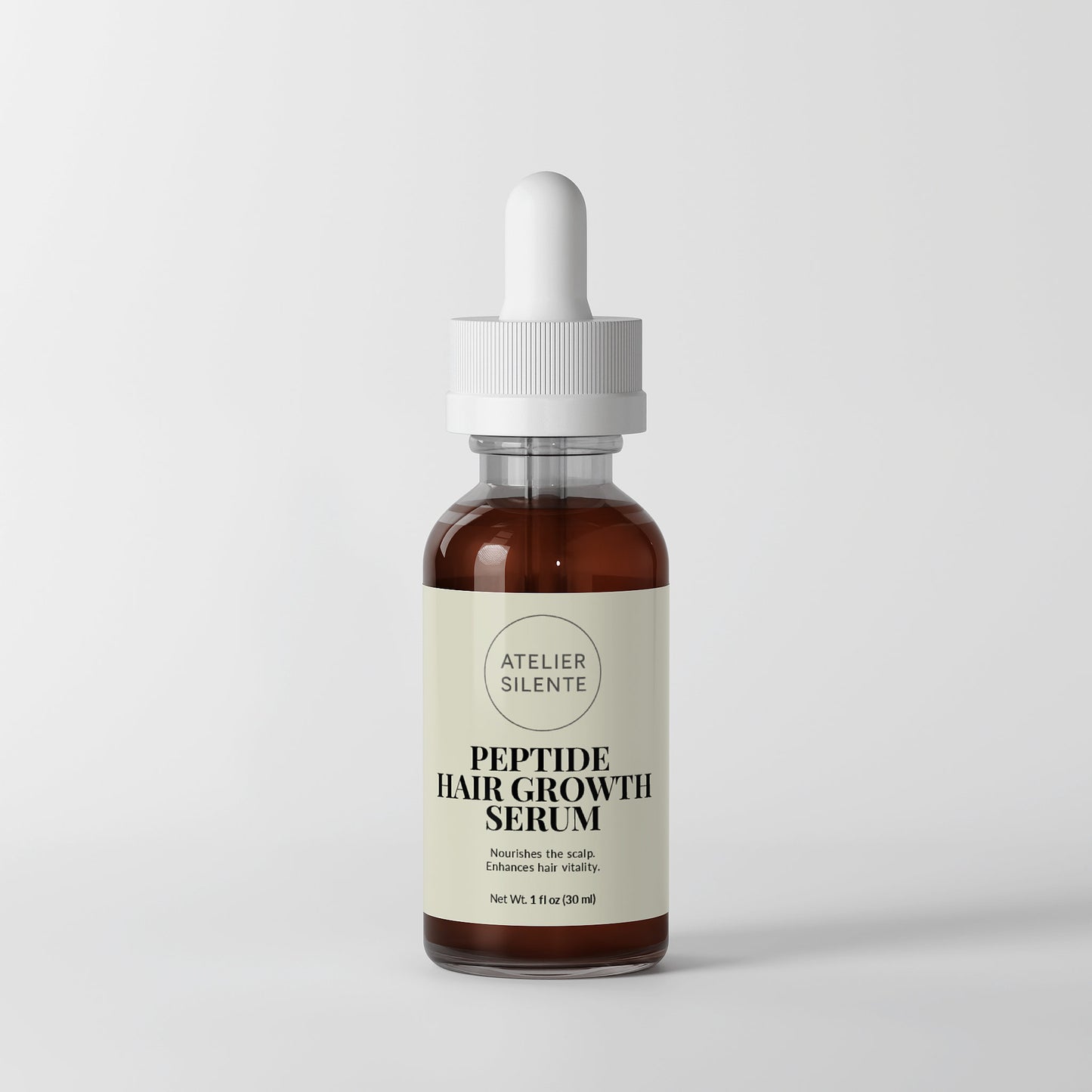 Peptide Hair Growth Serum in a dropper bottle, promotes fuller and stronger hair with enhanced shine.