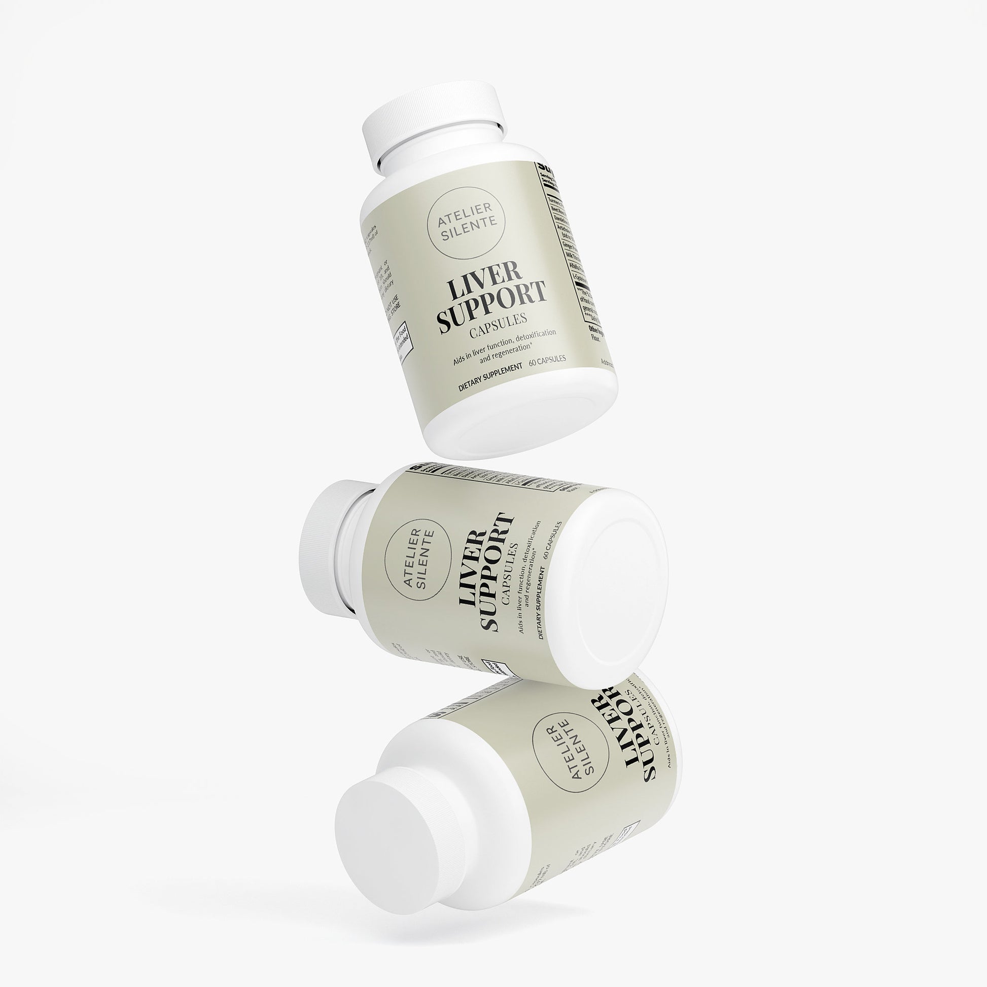 Three bottles of Liver Support capsules on a plain background, designed for digestive wellness.