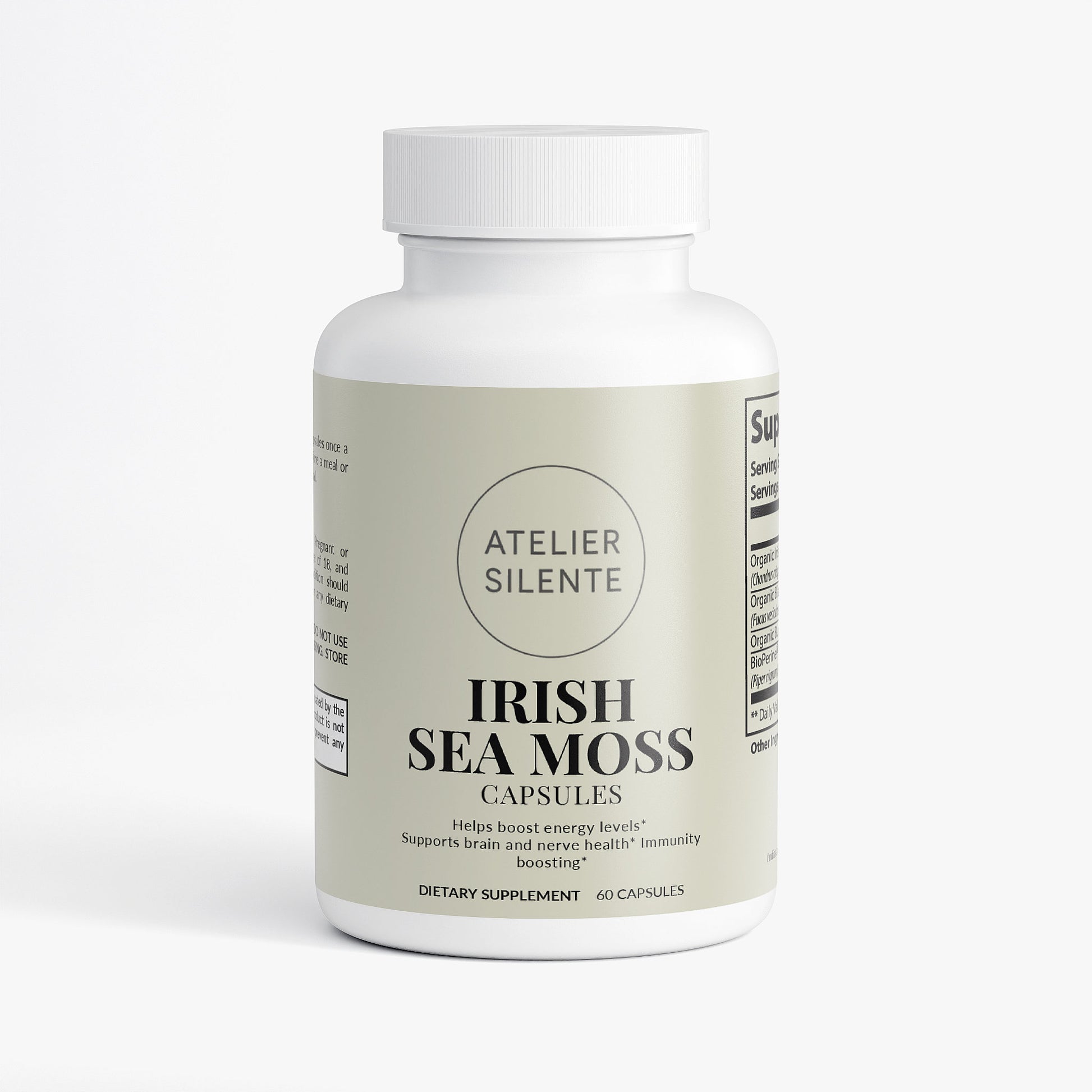 Bottle of Irish Sea Moss capsules by Atelier Silente for energy and immune support.